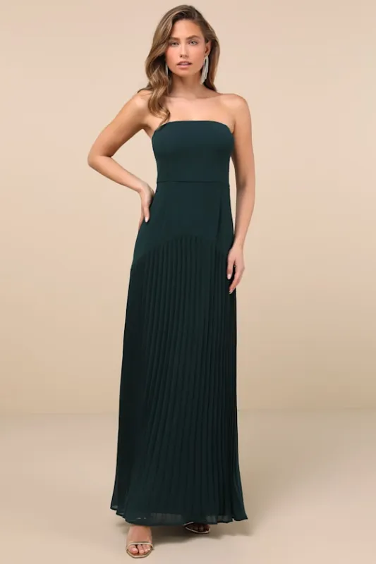 Celebratory Aesthetic Emerald Pleated Strapless Maxi Dress sold by Lulus