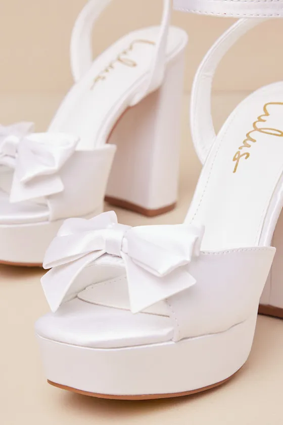 Pearlla Bow White Satin Platform High Heel Sandals sold by Lulus product image thumbnail 4