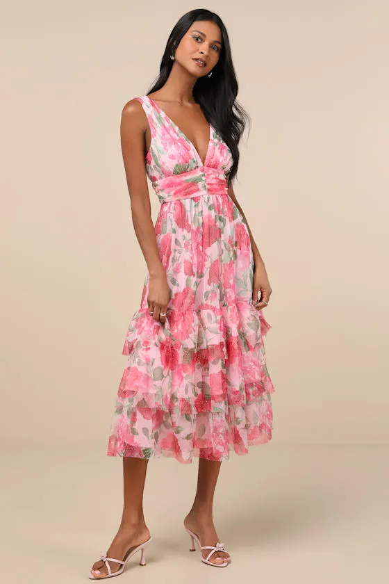 Perfectly Divine Pink Floral Tulle Tiered Ruffled Midi Dress sold by Lulus