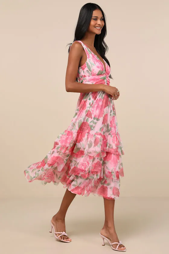 Perfectly Divine Pink Floral Tulle Tiered Ruffled Midi Dress sold by Lulus product image thumbnail 2