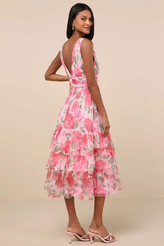 Perfectly Divine Pink Floral Tulle Tiered Ruffled Midi Dress sold by Lulus product image thumbnail 3