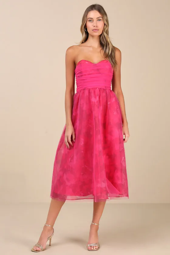 Splendidly Yours Pink Floral Organza Mesh Strapless Midi Dress sold by Lulus