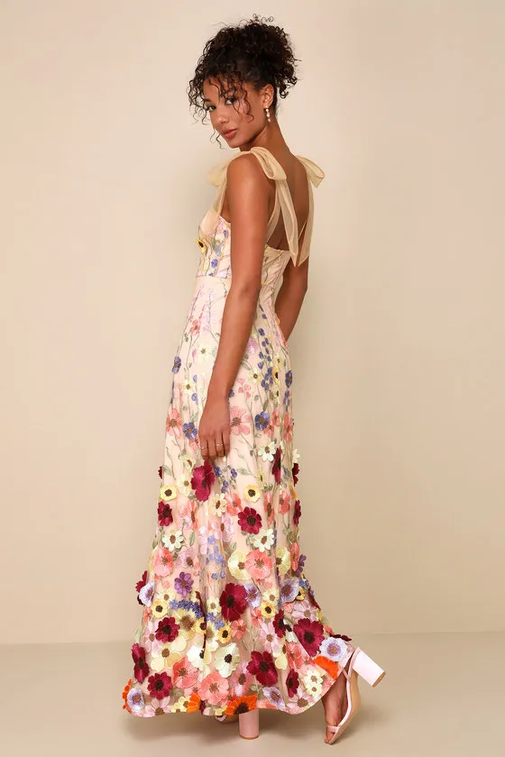 Thriving Poise Blush 3D Floral Embroidered Tie-Strap Maxi Dress sold by Lulus product image thumbnail 2