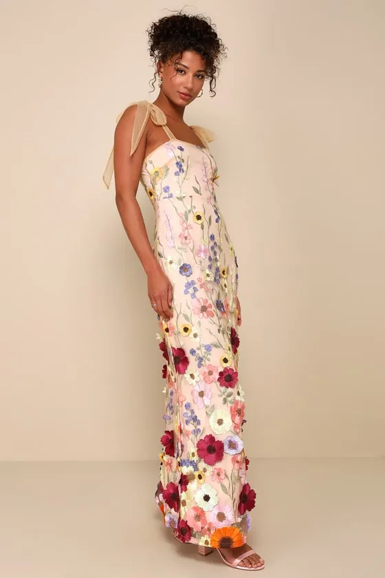 Thriving Poise Blush 3D Floral Embroidered Tie-Strap Maxi Dress sold by Lulus product image thumbnail 3
