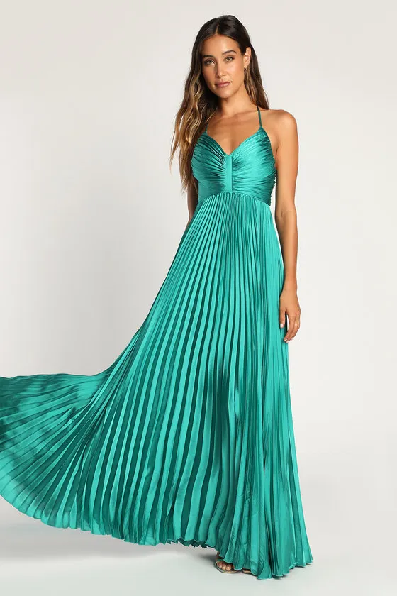Dreaming in Color Green V-Neck Pleated Satin Maxi Dress sold by Lulus