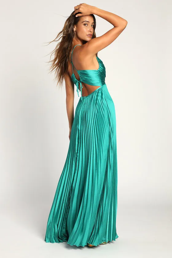 Dreaming in Color Green V-Neck Pleated Satin Maxi Dress sold by Lulus product image thumbnail 2