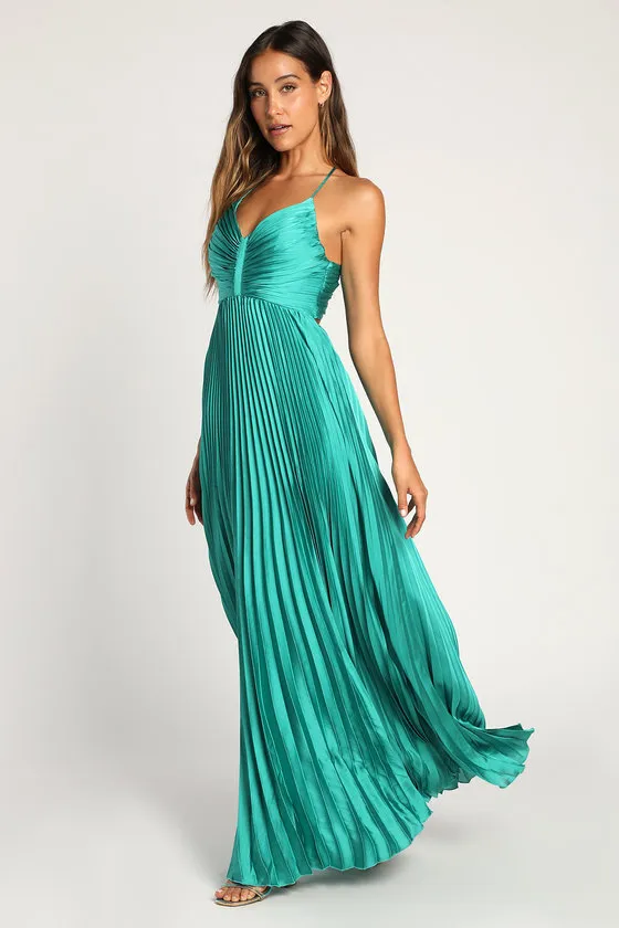 Dreaming in Color Green V-Neck Pleated Satin Maxi Dress sold by Lulus product image thumbnail 3