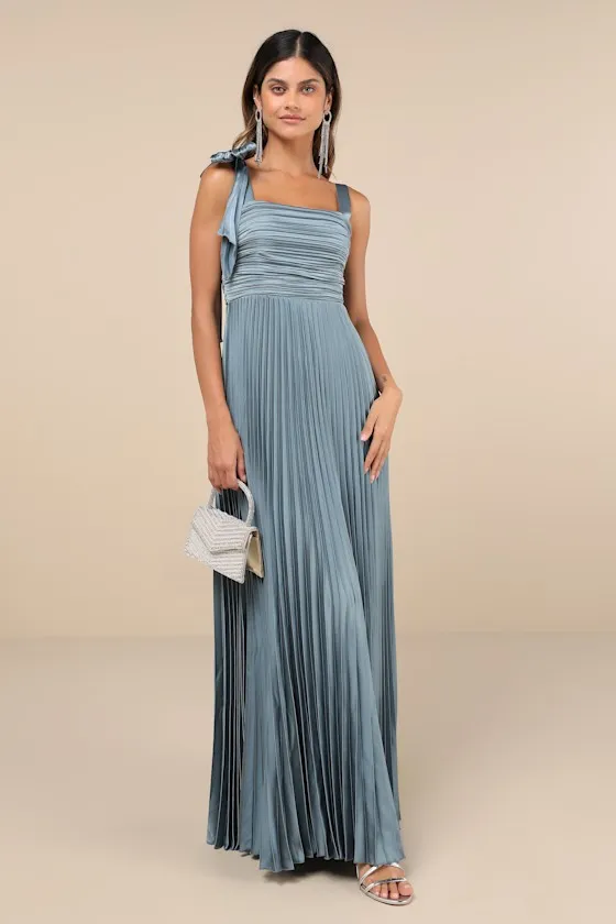 Gorgeous Purpose Slate Satin Pleated Sleeveless Bow Maxi Dress sold by Lulus