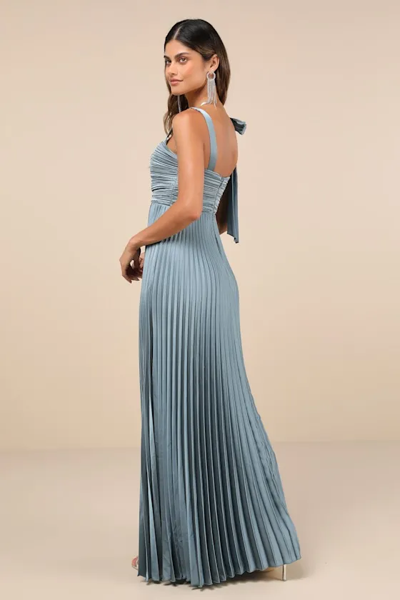 Gorgeous Purpose Slate Satin Pleated Sleeveless Bow Maxi Dress sold by Lulus product image thumbnail 2