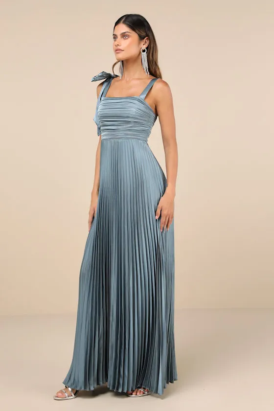 Gorgeous Purpose Slate Satin Pleated Sleeveless Bow Maxi Dress sold by Lulus product image thumbnail 3