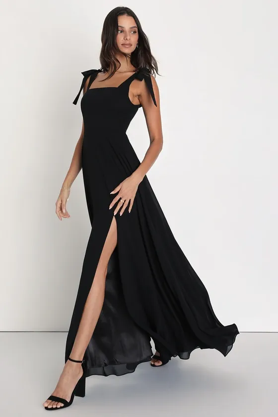 Love Me Forever Black Tie-Strap Square Neck Maxi Dress sold by Lulus