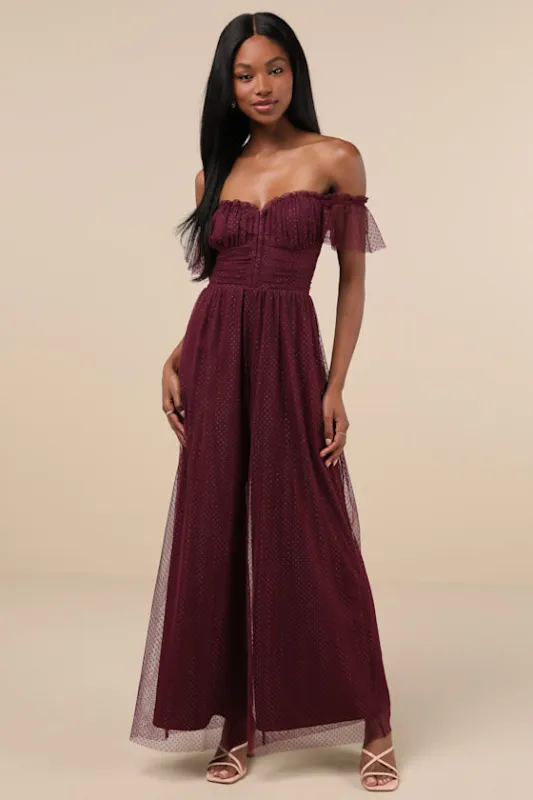 Regal Radiance Plum Purple Swiss Dot Mesh Wide-Leg Jumpsuit sold by Lulus