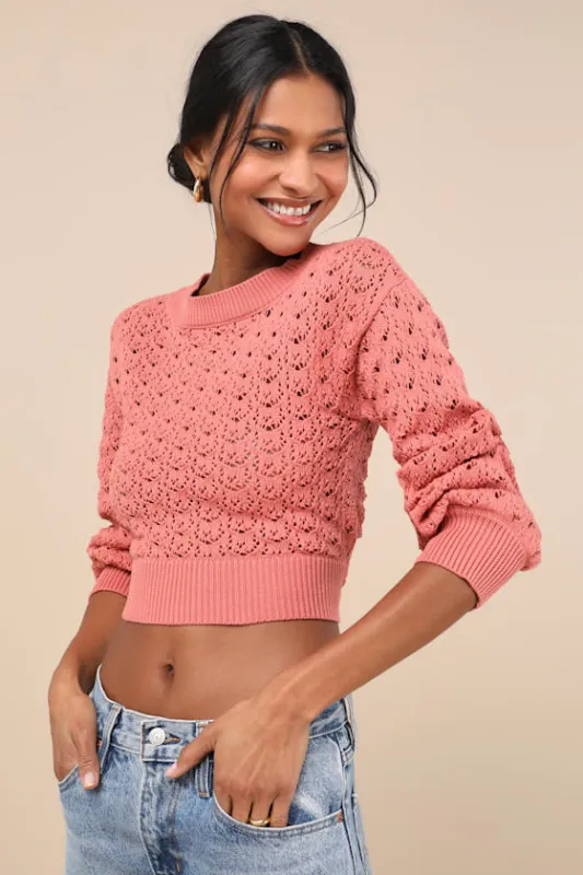 Always All Mine Dusty Rose Lace-Up Cropped Pointelle Sweater sold by Lulus