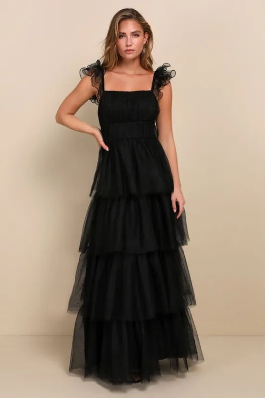 Tulle For Love Black Mesh Tulle Tiered Ruffled Maxi Dress sold by Lulus