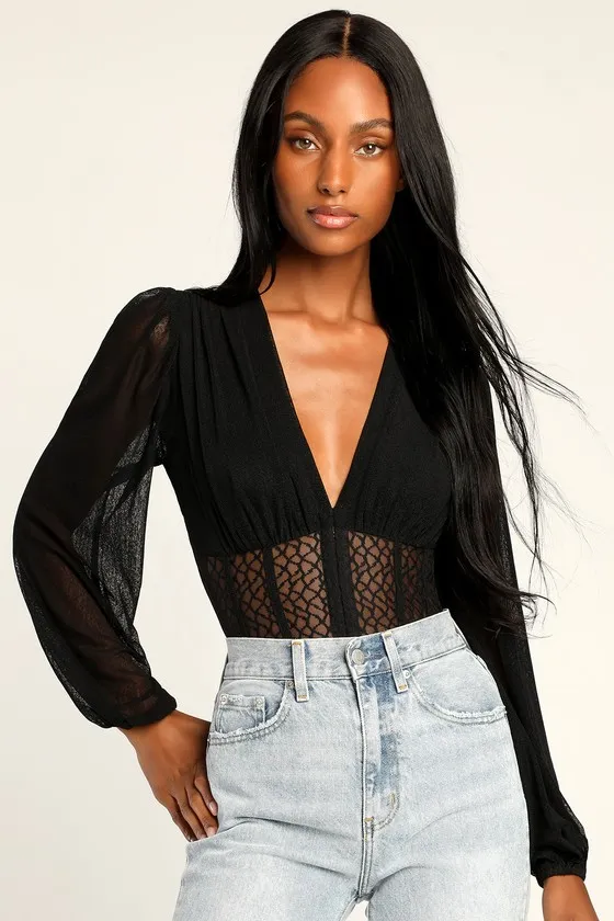 Properly Trendy Black Mesh Long Sleeve Bodysuit sold by Lulus
