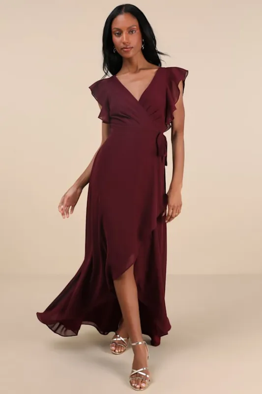 Ravishing Charm Burgundy Ruffled Wrap High-Low Maxi Dress sold by Lulus