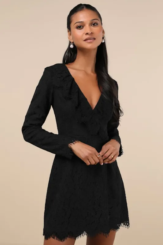 Memorably Romantic Black Lace Long Sleeve Mini Dress sold by Lulus