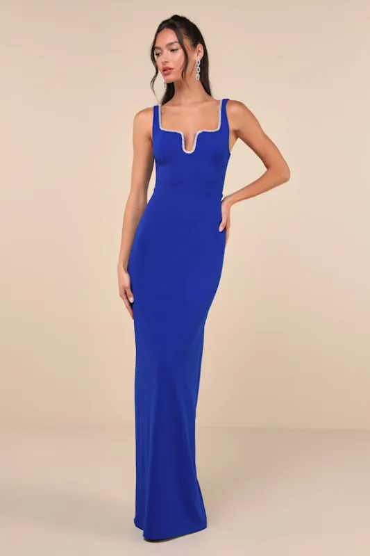 Sparkling Serenity Cobalt Blue Rhinestone Notched Maxi Dress sold by Lulus