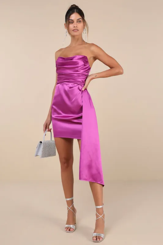Ethereal Excellence Magenta Satin Pleated Strapless Mini Dress sold by Lulus