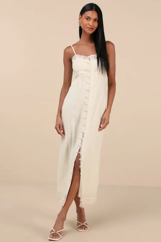 Veanna Cream Textured Lace Button-Front Midi Dress sold by Lulus