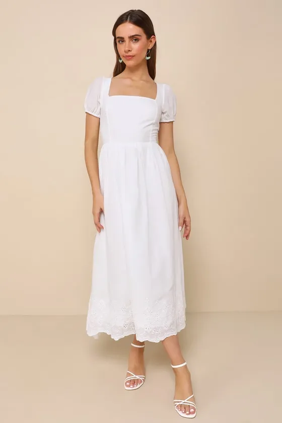 Stylish Merriment White Puff Sleeve Embroidered Midi Dress sold by Lulus