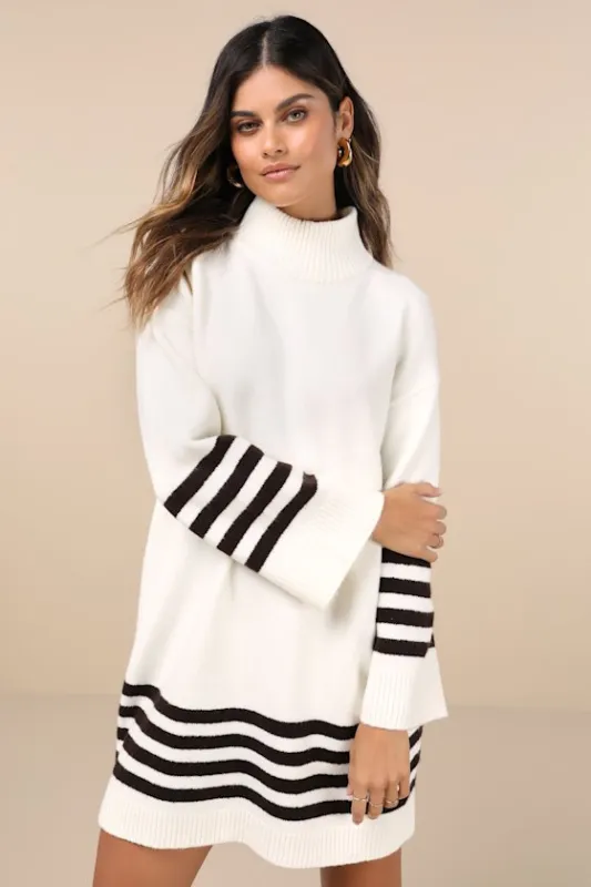 Comfiest Cutie Ivory Striped Mock Neck Mini Sweater Dress sold by Lulus