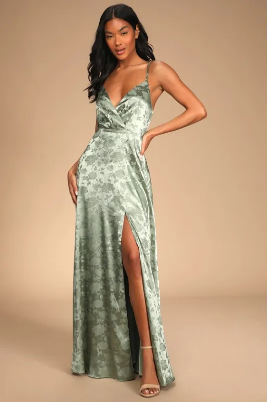 Forever Exquisite Sage Green Satin Surplice Maxi Dress made by Lulus
