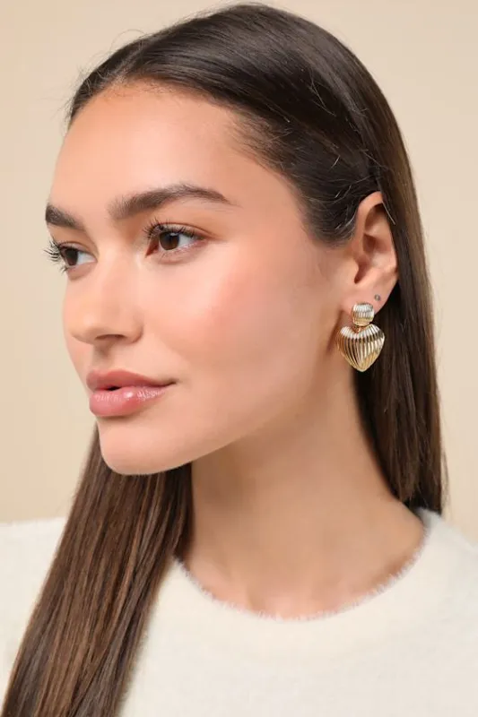 Adora Gold Textured Heart Statement Earrings sold by Lulus