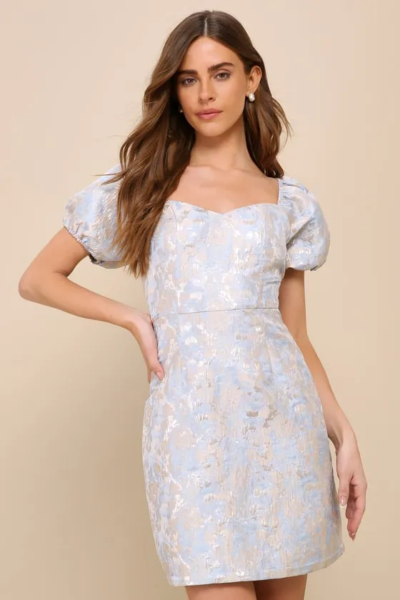 Cutest Praise Light Blue Floral Jacquard Puff Sleeve Mini Dress sold by Lulus