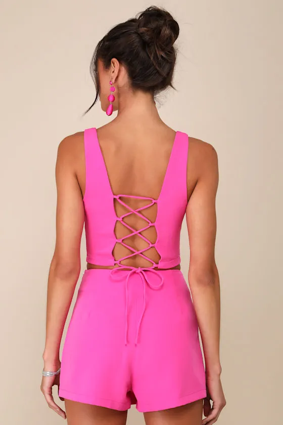 Exceptionally Styled Hot Pink Lace-Up Two-Piece Skort Romper sold by Lulus product image thumbnail 2