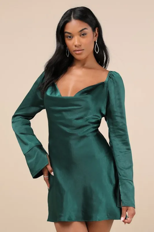 Sensational Fate Emerald Green Satin Cowl Neck Mini Dress sold by Lulus