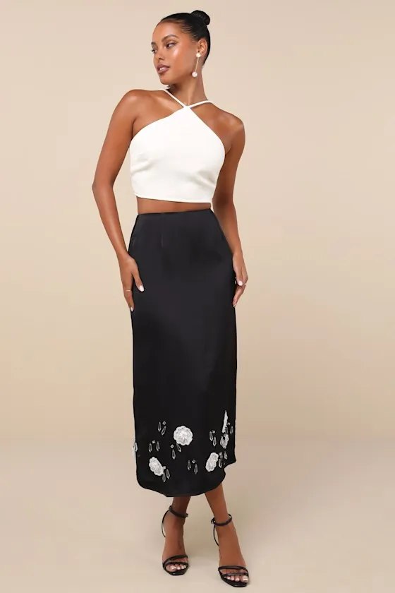 Desert Hearts Black Applique Floral Crystal Beaded Midi Skirt sold by Lulus