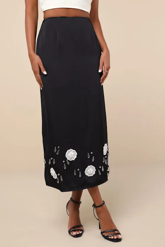 Desert Hearts Black Applique Floral Crystal Beaded Midi Skirt sold by Lulus product image thumbnail 2