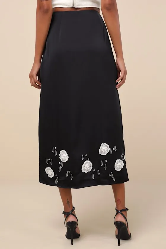 Desert Hearts Black Applique Floral Crystal Beaded Midi Skirt sold by Lulus product image thumbnail 3