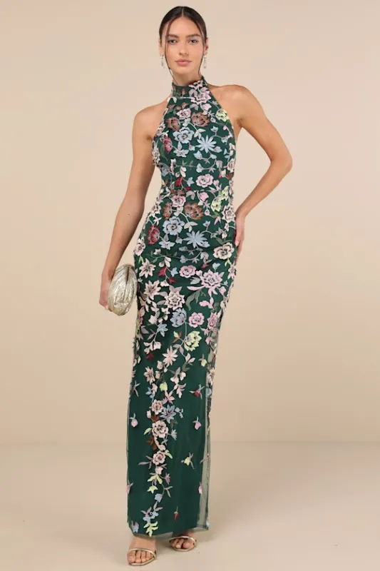 Infinite Praise Emerald 3D Floral Embroidered Halter Maxi Dress sold by Lulus