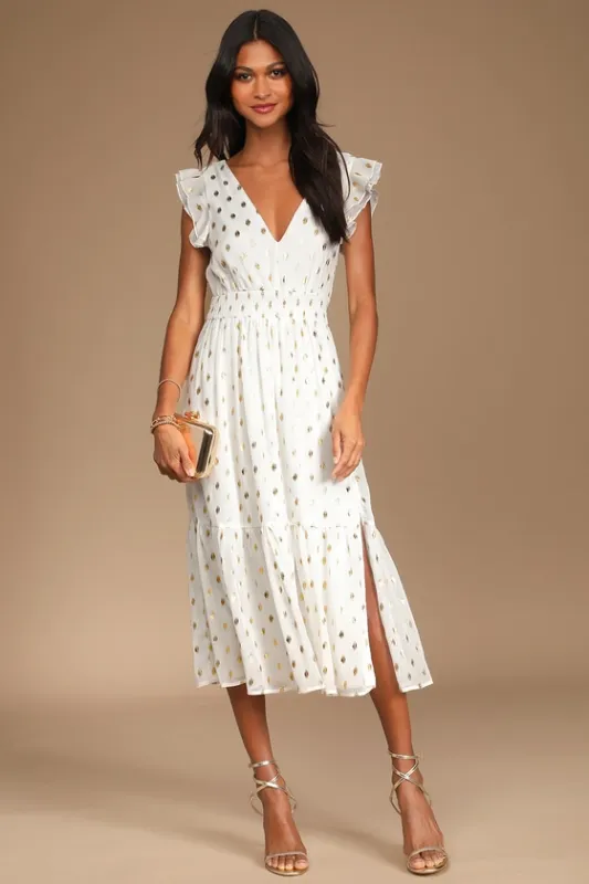 Cause to Celebrate White and Gold Dot Ruffled Tiered Midi Dress sold by Lulus