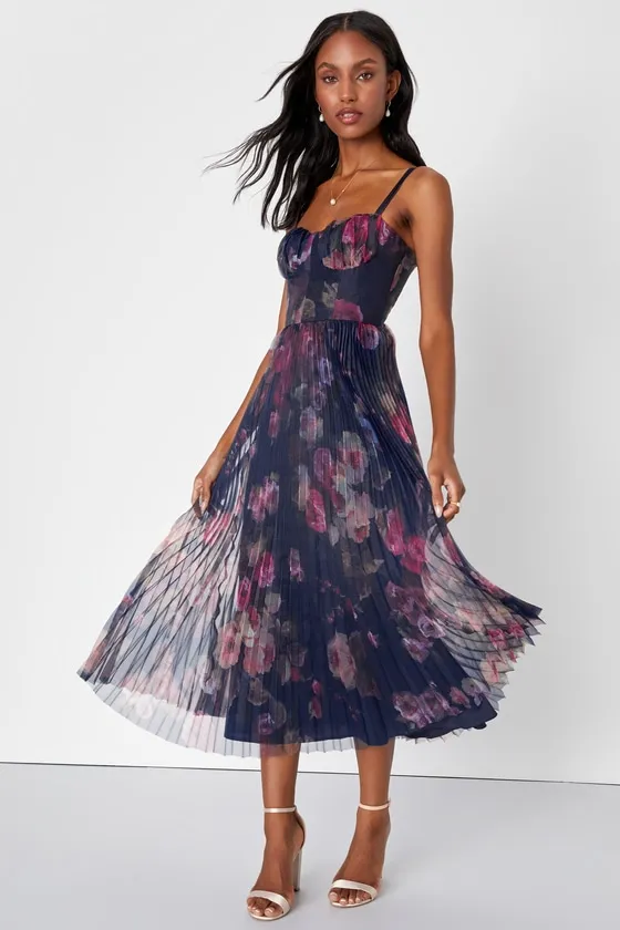 Alluring Invite Midnight Blue Floral Pleated Bustier Midi Dress sold by Lulus