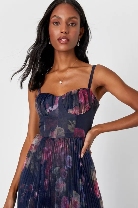 Alluring Invite Midnight Blue Floral Pleated Bustier Midi Dress sold by Lulus product image thumbnail 2