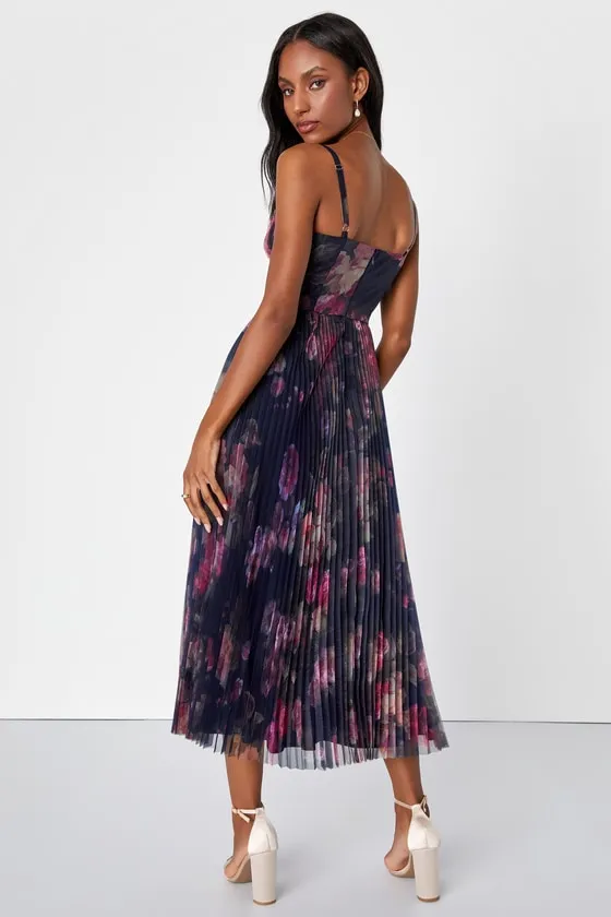 Alluring Invite Midnight Blue Floral Pleated Bustier Midi Dress sold by Lulus product image thumbnail 3