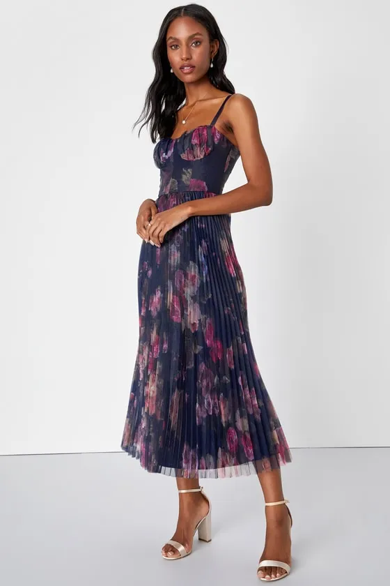Alluring Invite Midnight Blue Floral Pleated Bustier Midi Dress sold by Lulus product image thumbnail 4