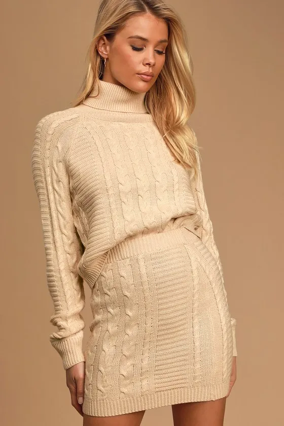 In the Cards Beige Cable Knit Two-Piece Sweater Dress sold by Lulus