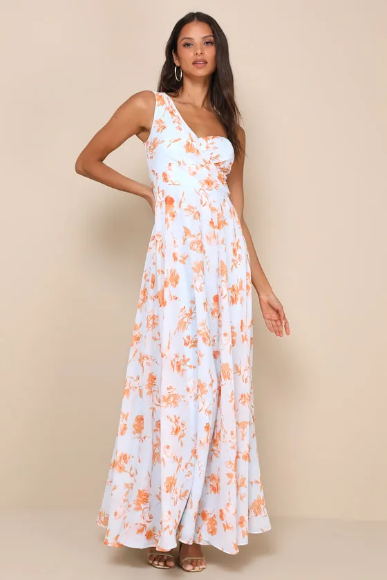 Fashionably Refined Light Blue Floral One-Shoulder Maxi Dress sold by Lulus