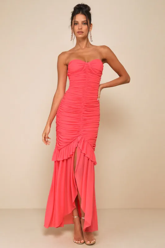 Unforgettable Beauty Coral Pink Mesh Ruched High-Low Maxi Dress sold by Lulus