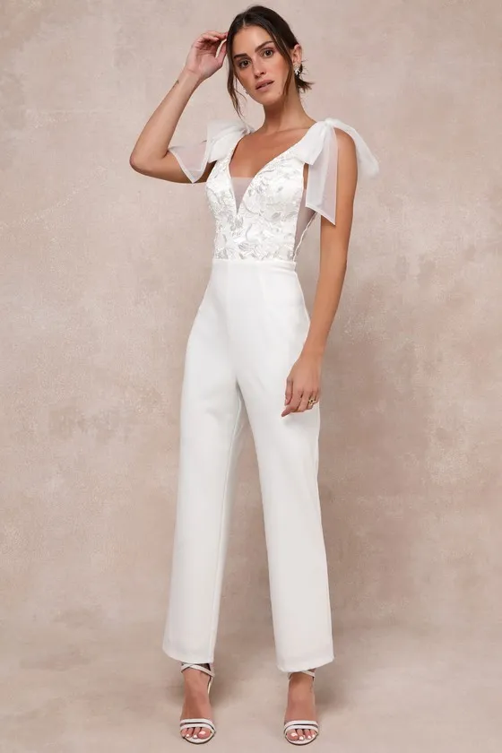 Dignified Beauty White Mesh Embroidered Tie-Strap Jumpsuit sold by Lulus