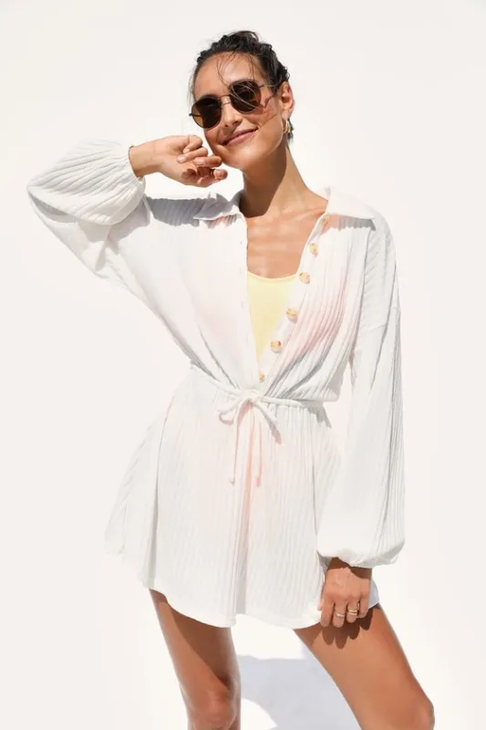 Oasis Awaits White Ribbed Button-Up Mini Swim Cover-Up sold by Lulus