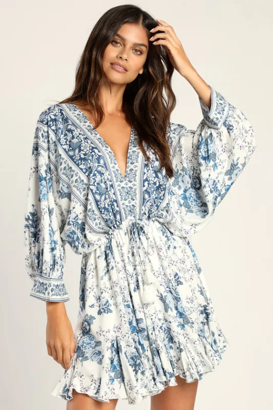 Roamin' Holiday Blue and White Print Mini Dress sold by Lulus