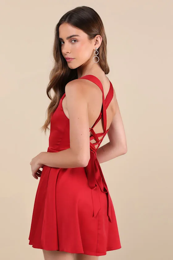 Admirably Chic Red Satin Lace-Up Mini Dress With Pockets sold by Lulus product image thumbnail 2