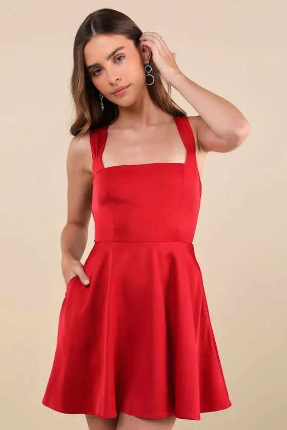 Admirably Chic Red Satin Lace-Up Mini Dress With Pockets sold by Lulus product image thumbnail 3