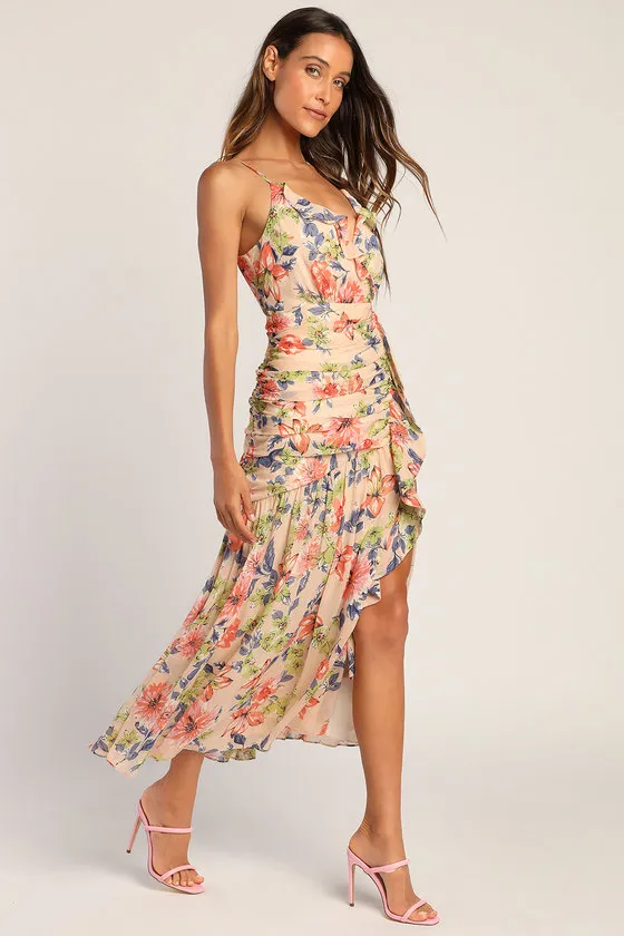 Stunning Soiree Blush Pink Floral Print Ruched Midi Dress sold by Lulus