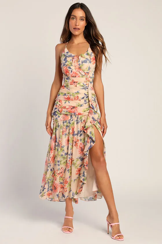 Stunning Soiree Blush Pink Floral Print Ruched Midi Dress sold by Lulus product image thumbnail 3